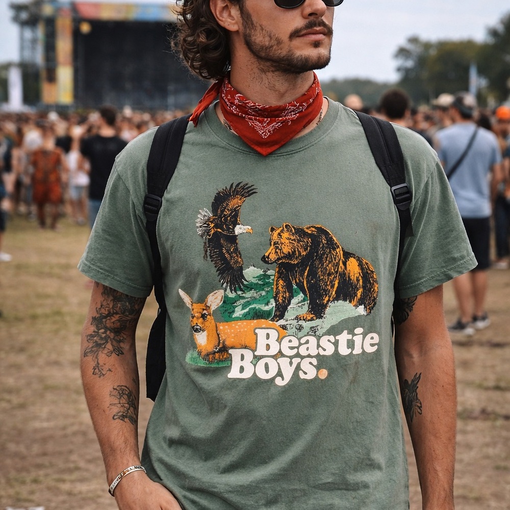 Beastie Boys distressed graphic Tee green Vintage Style Grunge Wildlife Adult Sm